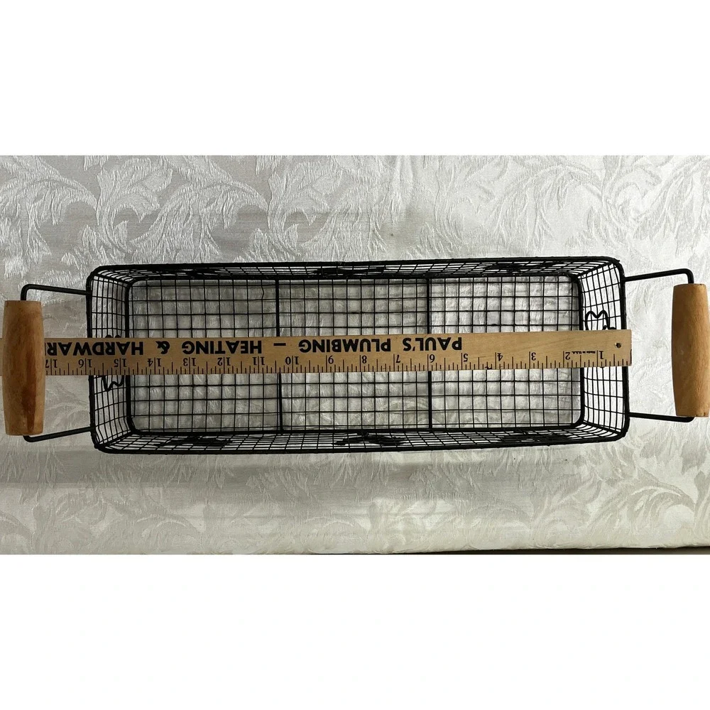 Rectangular Wire Rooster Basket Farmhouse Metal Storage Wood Handles 19x5.5 in